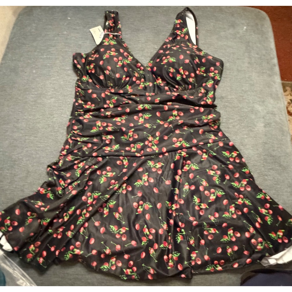Summer Mae Cherry Print Swim Dress Black V-Neck One Piece Swimsuit XL NEW